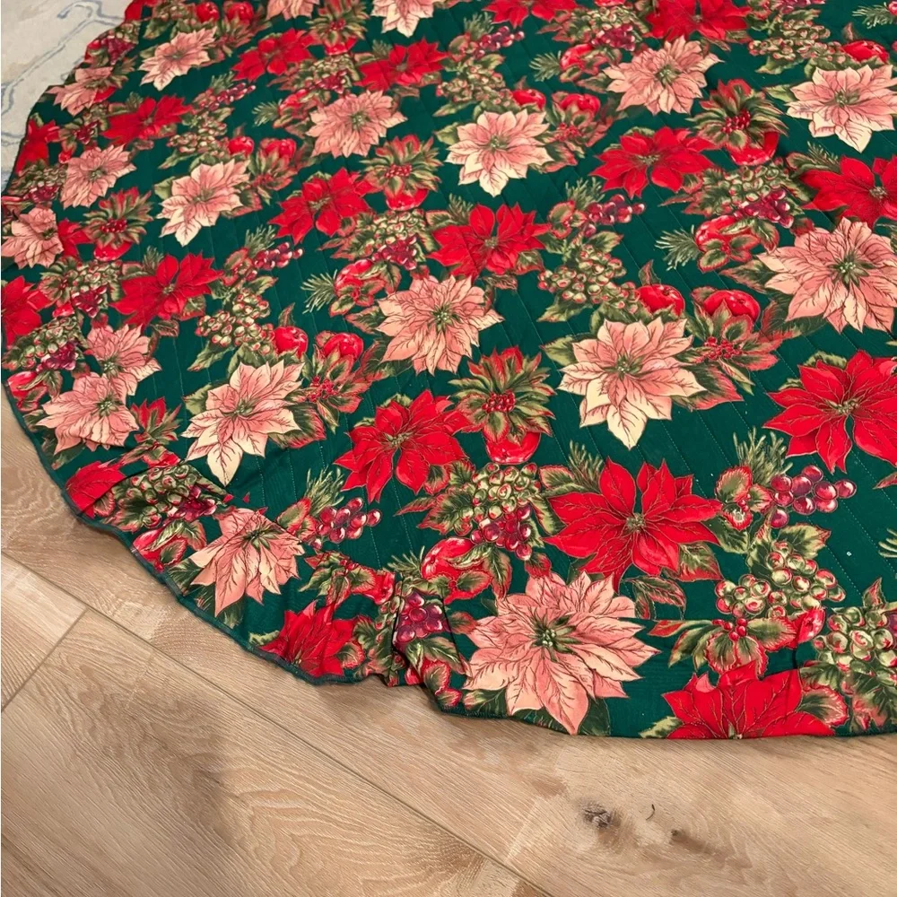 Vintage Christmas Tree Skirt Poinsettia Pomegranate Quilted Ralph Lauren Style